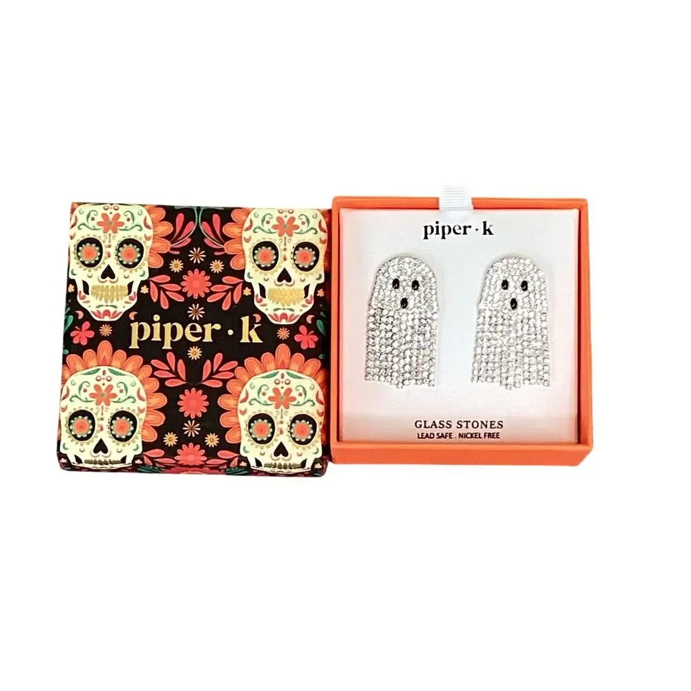 Piper K Ghost Rhinestone Earrings Halloween Dangle Glass Stone Cute Spooky NWT